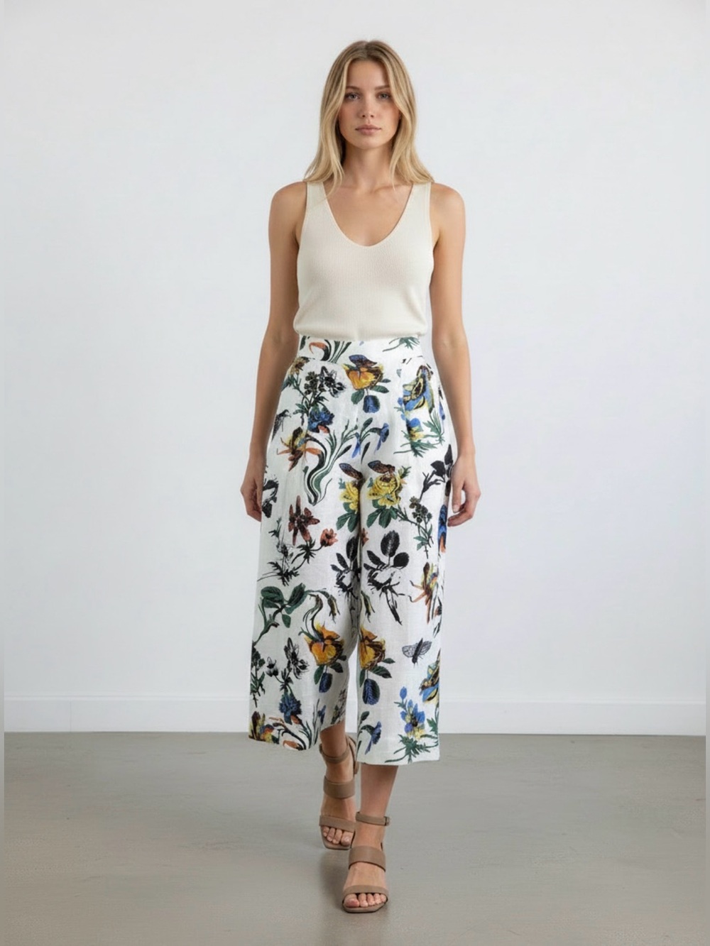 Tibi Gothic Floral Wide-Leg Culottes Pants 00 Silk and Linen